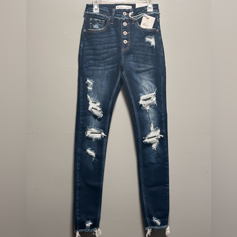 KanCan High Rise Distressed Button Fly Denim Blue Jeans
Size 23 Long